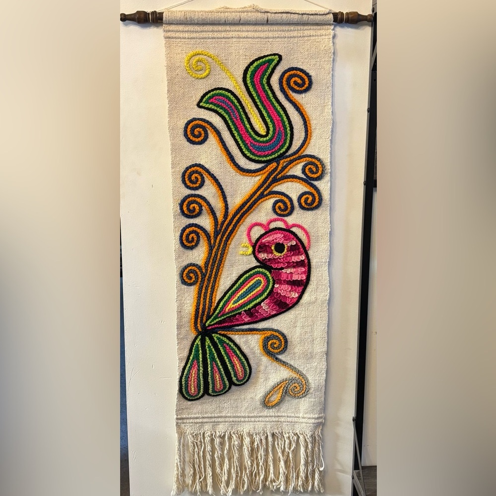 Vintage 60s yarn painting bird of paradise folk art wall hanging